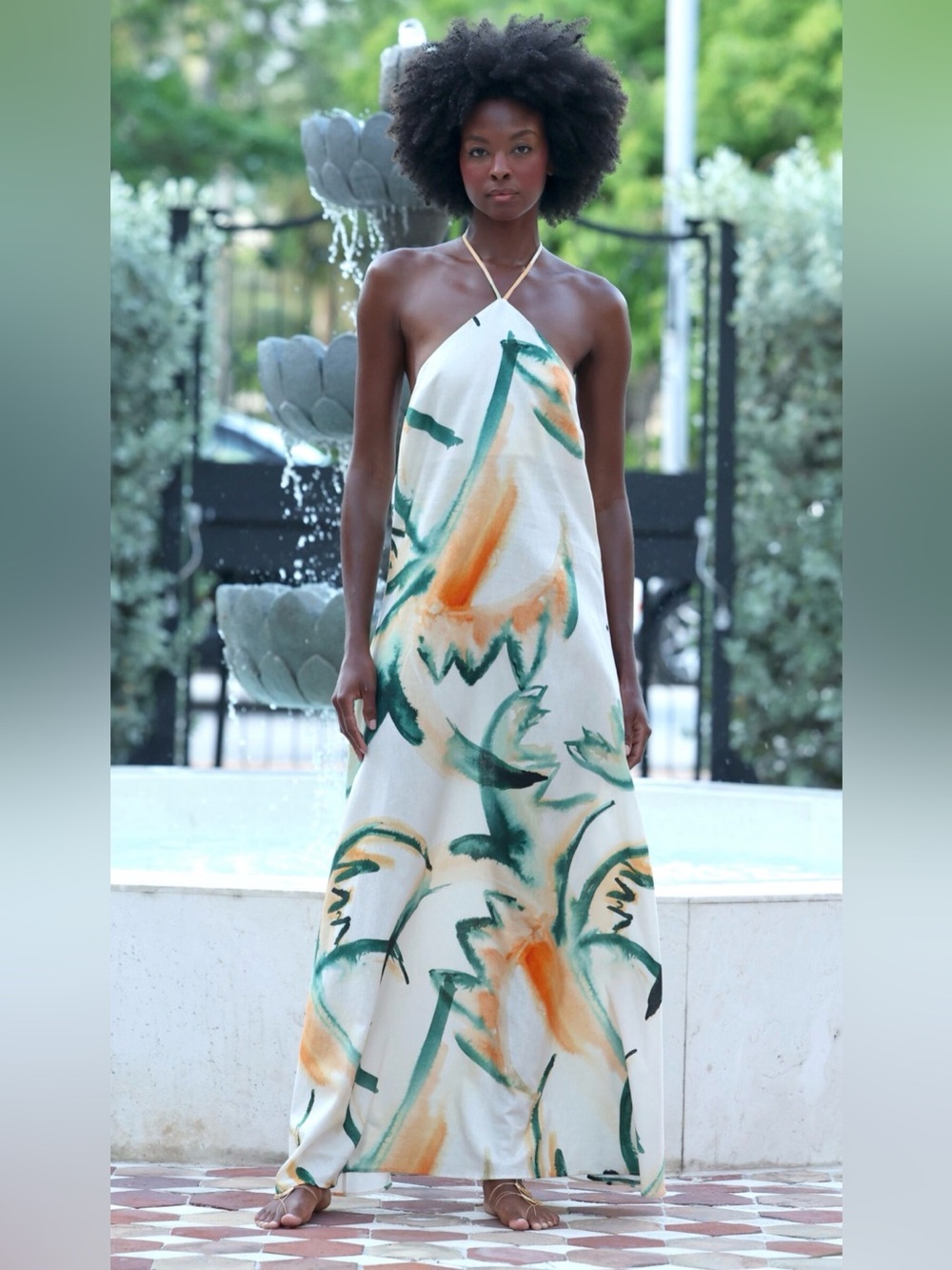 🆕 SIGAL Halter Cream Maxi Dress with Green & Orange Abstract Print